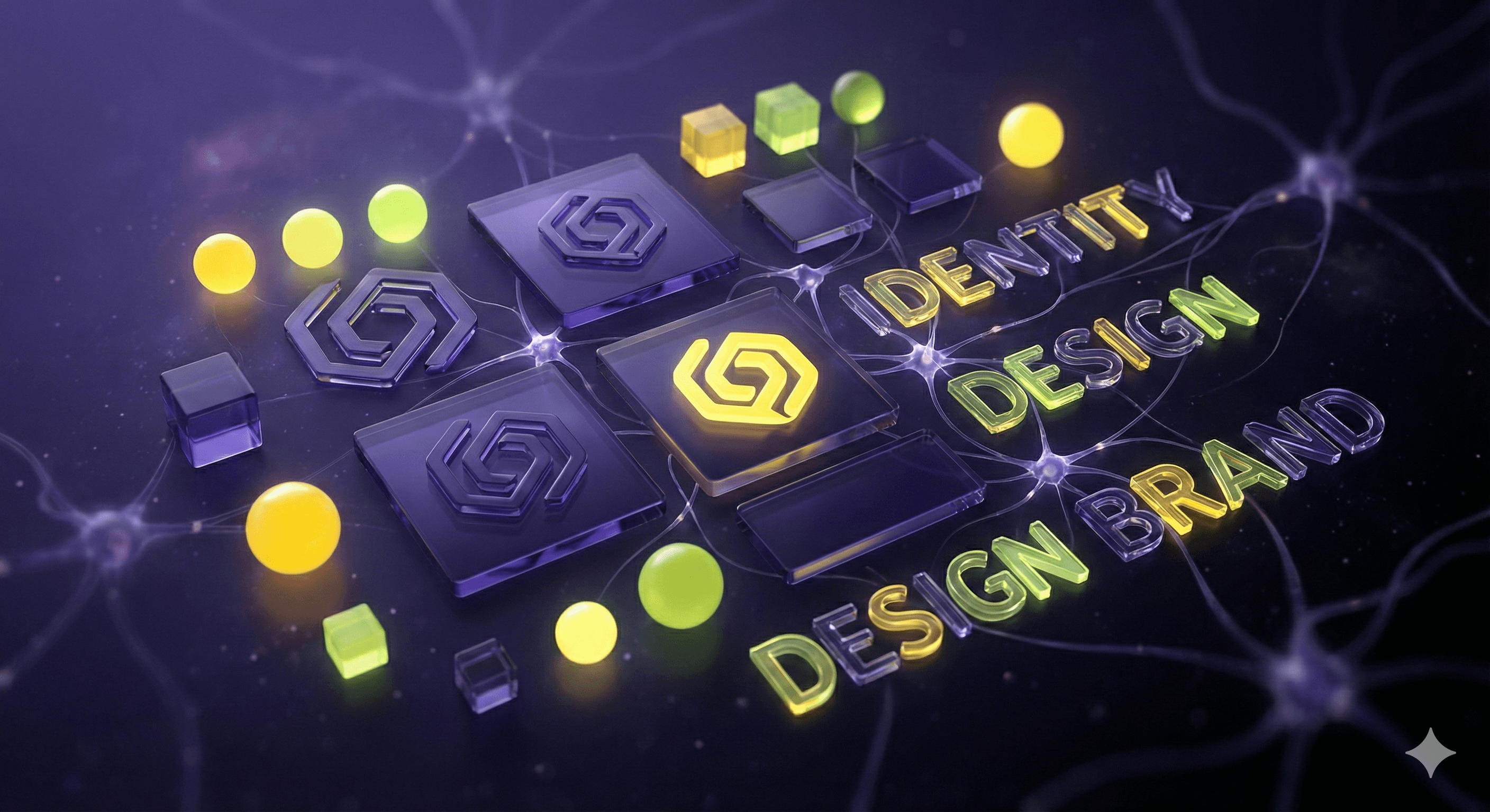 Brand identity elements including logo, colors, and typography visualized as abstract 3D neuro-assets